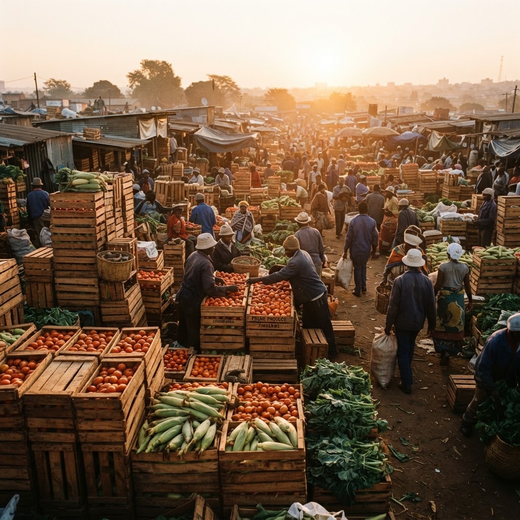 Sunrise over a busy Harare produce market yard